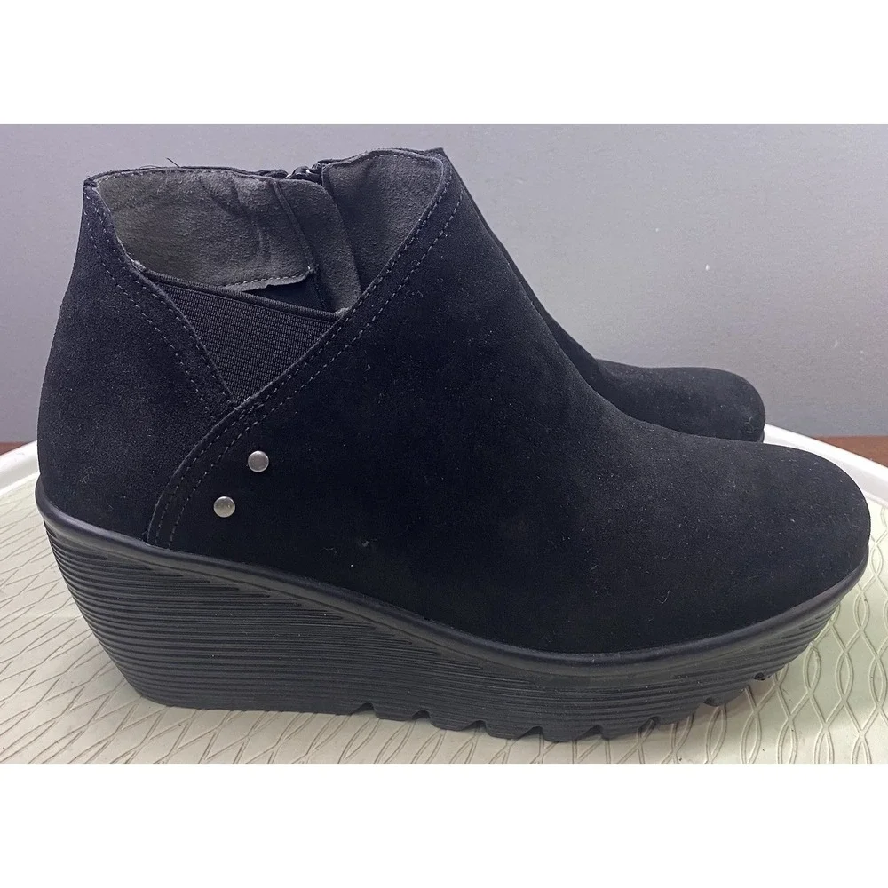 SKECHERS Womens Parallel Ditto Black‎ Suede Leather Ankle Boots Wedge Heel Sz. 9